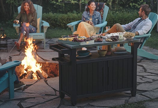 Kitchen cart near group of friends around a bonfire