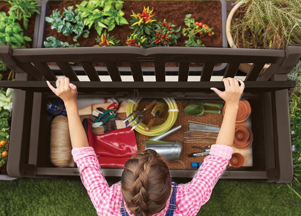 Banc de rangement extérieur Solana gris 70 gallons – Keter Canada