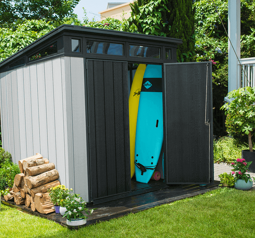 keter shed with items inside