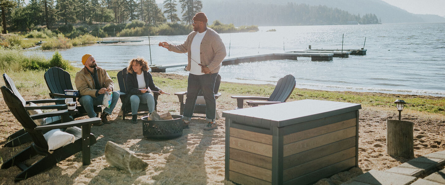 Keter deck box near the lake