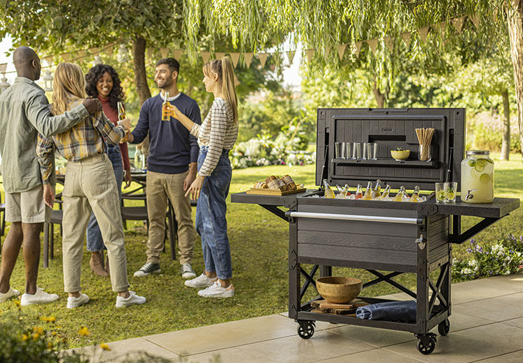 outdoor patio cooler closeup with people in the background