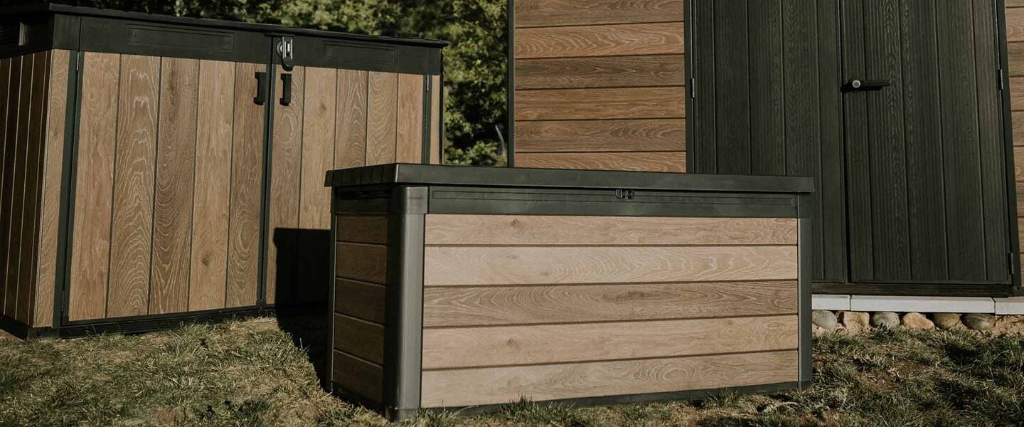 keter decocoat small shed and large deck box