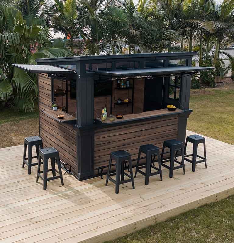 bar shed with chairs in backyard