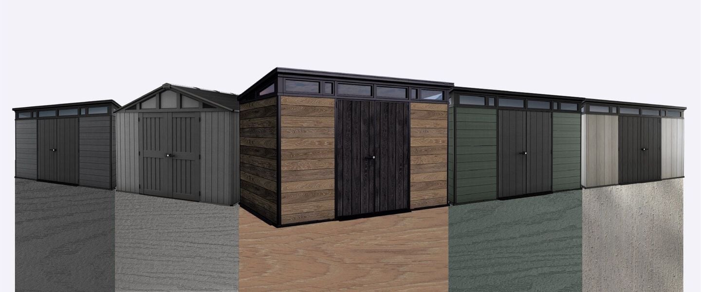 Keter 5 different shed lines next to each other