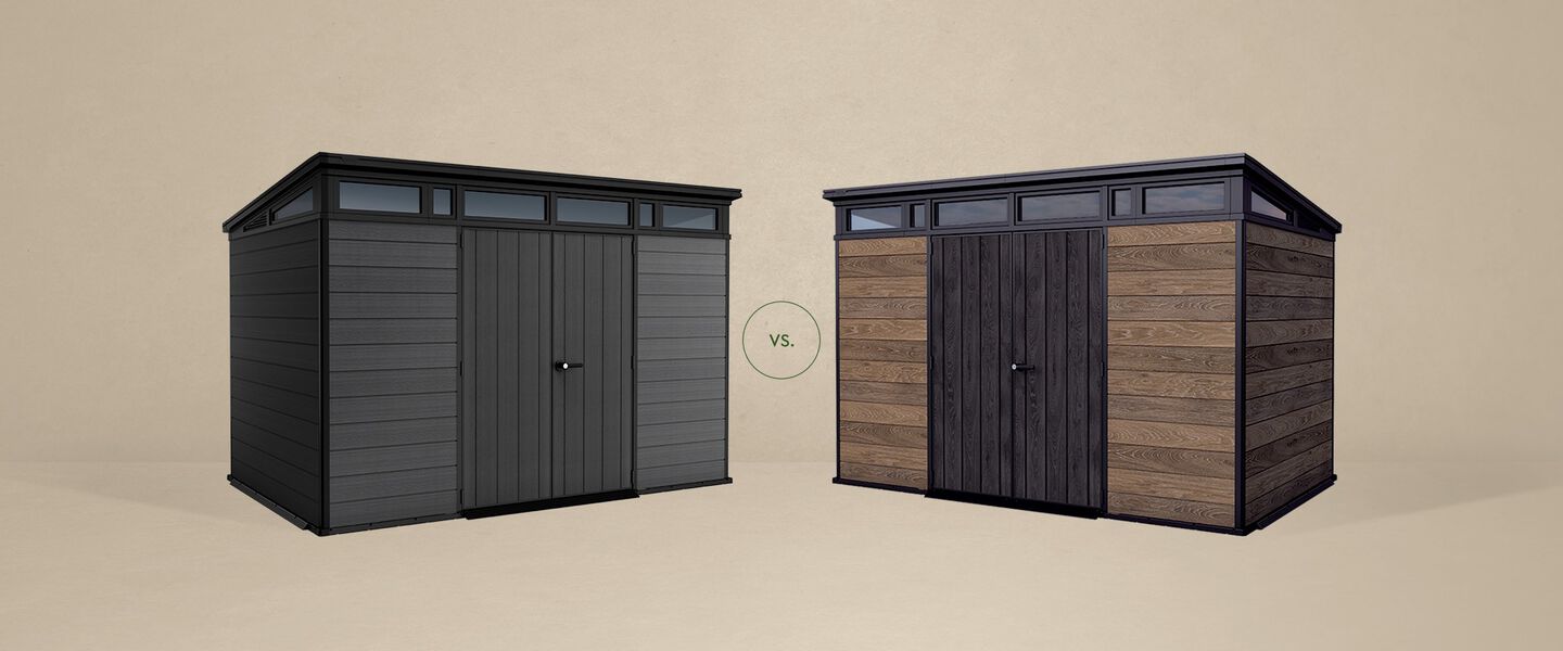 Keter Cortina shed in gray vs. Keter Signature shed in Walnut Brown