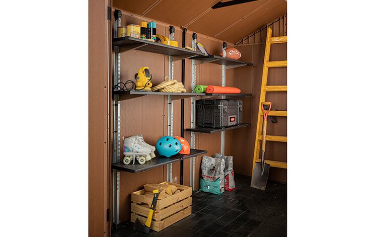 black storage shed shelf kits inside a shed