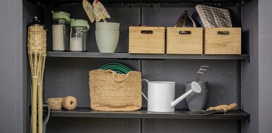 shed shelves with gardening items