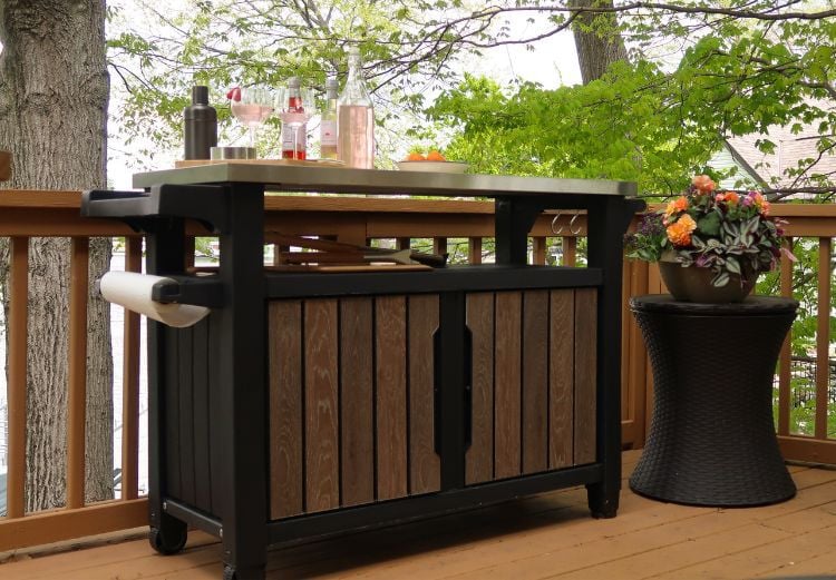 keter unity xl outdoor kitchen unit walnut brown on deck 