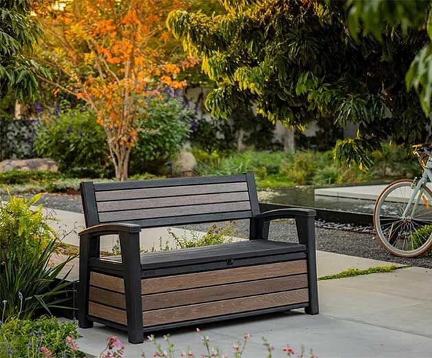 signature decocoat outdoor storage bench in a porch