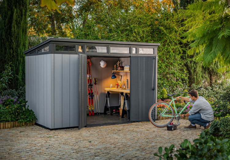 artisan shed open with a light inside