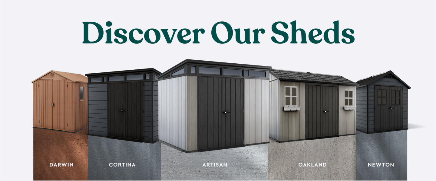 Group of different Keter outdoor sheds