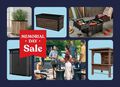 Memorial Day Sale, shed, planter and toll boxes on blue background