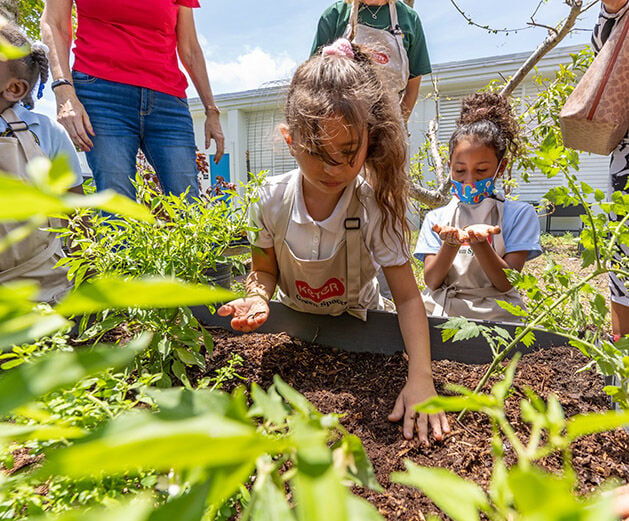 School aged children work together to plant a garden