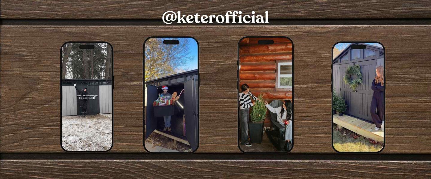 4 instragram posts of sheds from the channel @keterofficial on a resin wood-look background