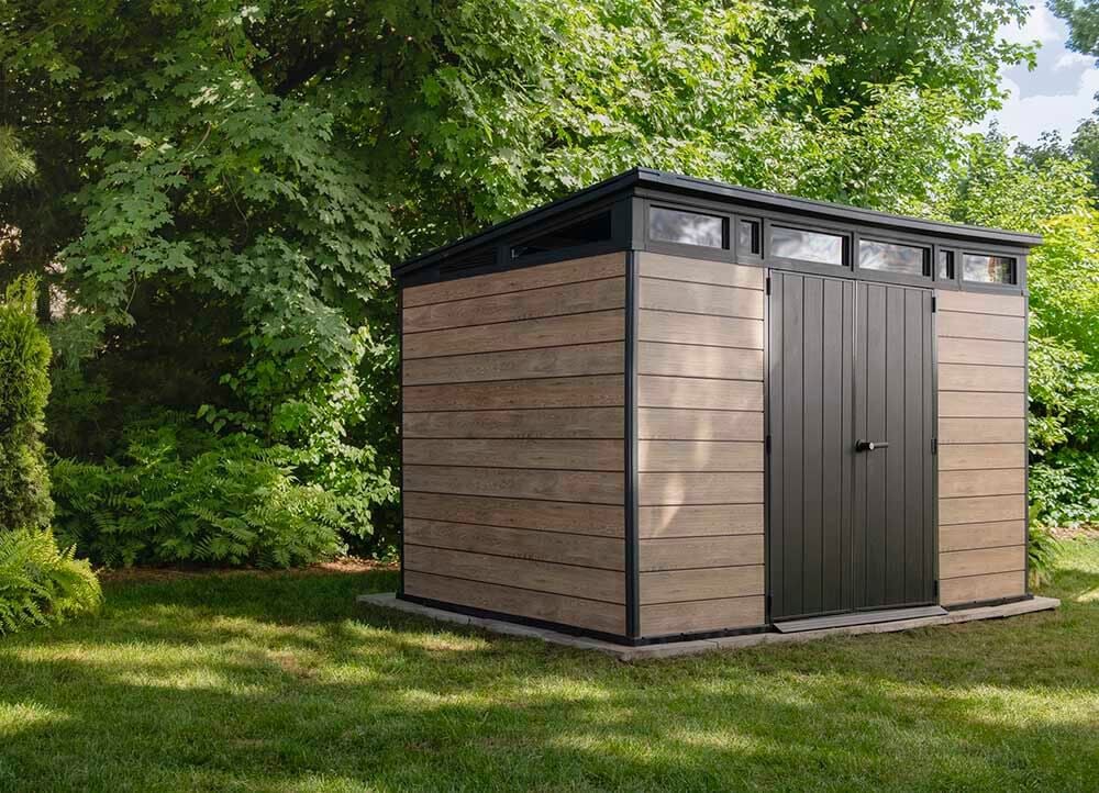 signature shed outside with foundation