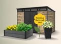 Spring Refresh Sale, shed, planter and garden bed on beige background