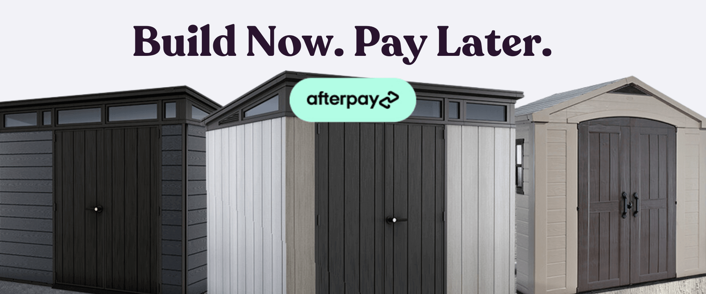 3 grey Keter sheds with Afterpay logo introducing Build Now Pay Later