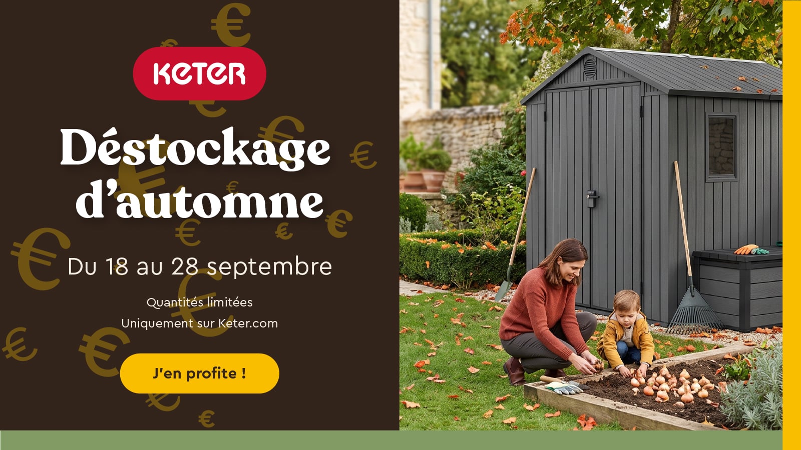 Abri et coffre dans un jardin avec une famille