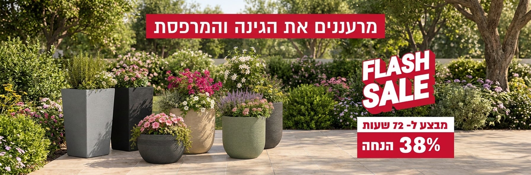 פלאש סייל 72 שעות -  38% על עציצים נבחרים לגינה ולמרפסת