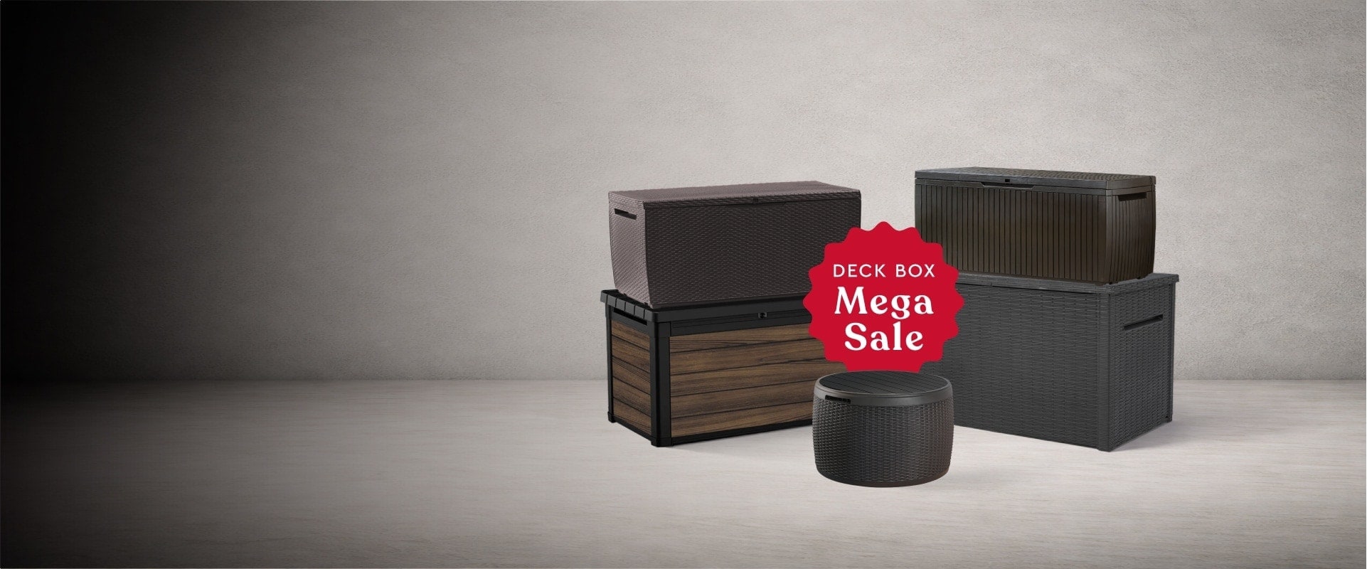 5 deck boxes on gray background for deck box mega sale