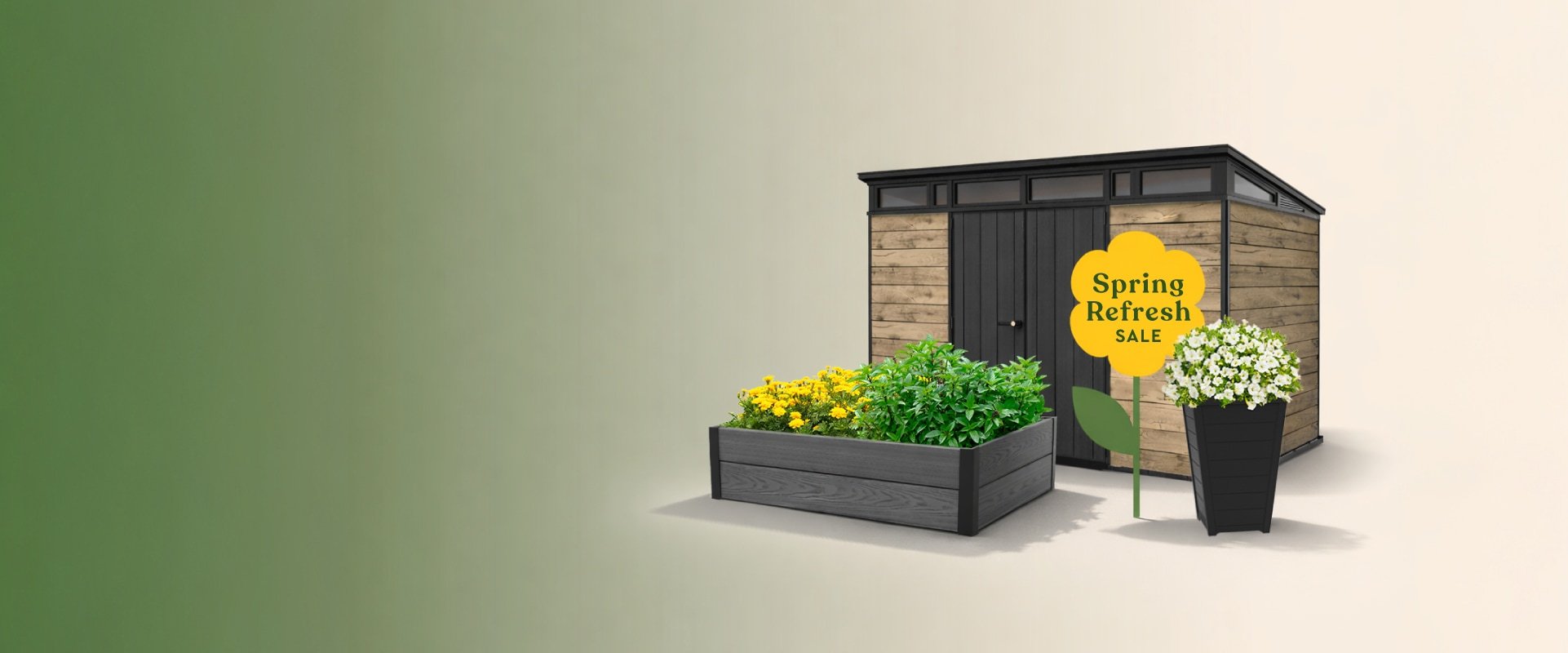 Spring Refresh Sale, shed, planter and garden bed on green background