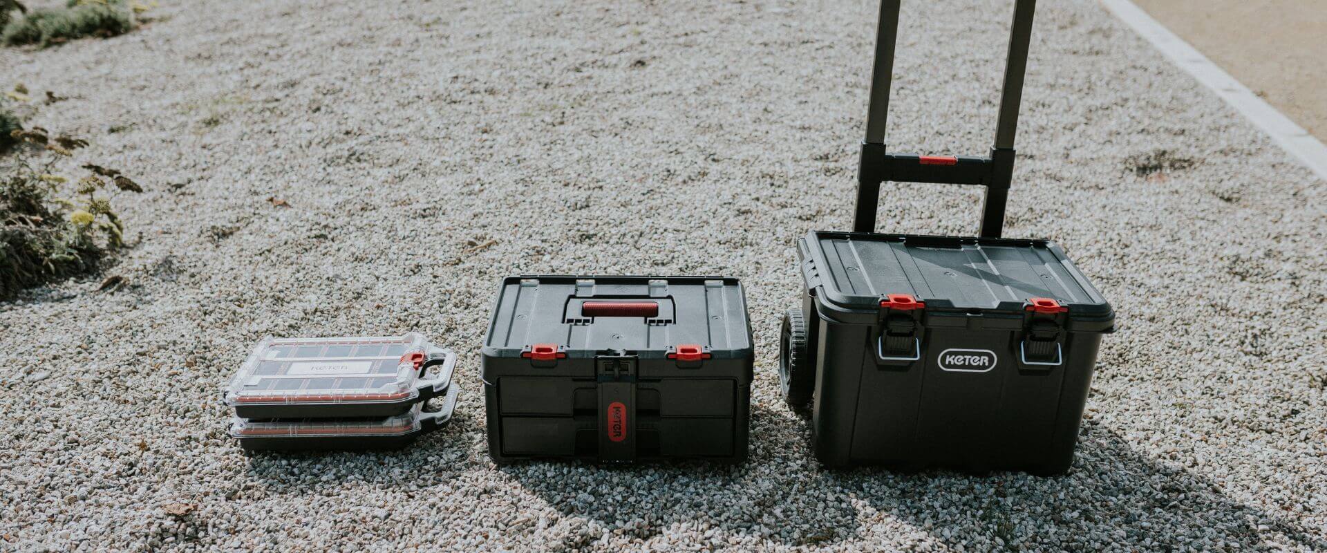 Keter tool box stack and roll standing on ground