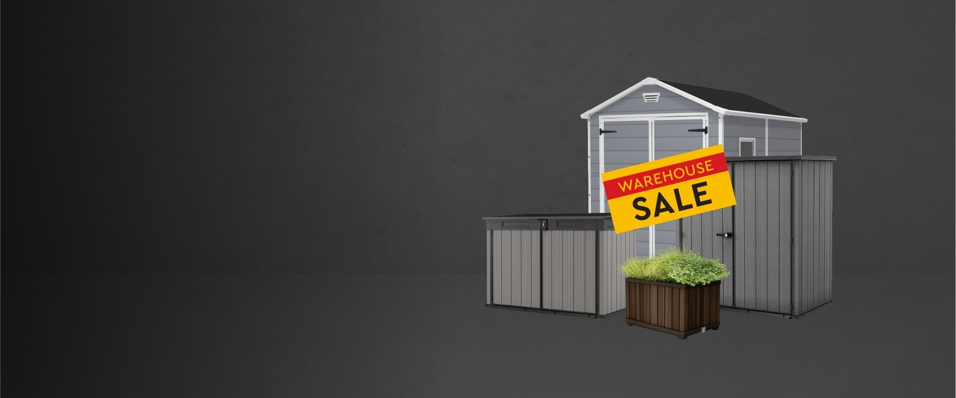 Keter sheds and planter with red and yellow warehouse sale badge