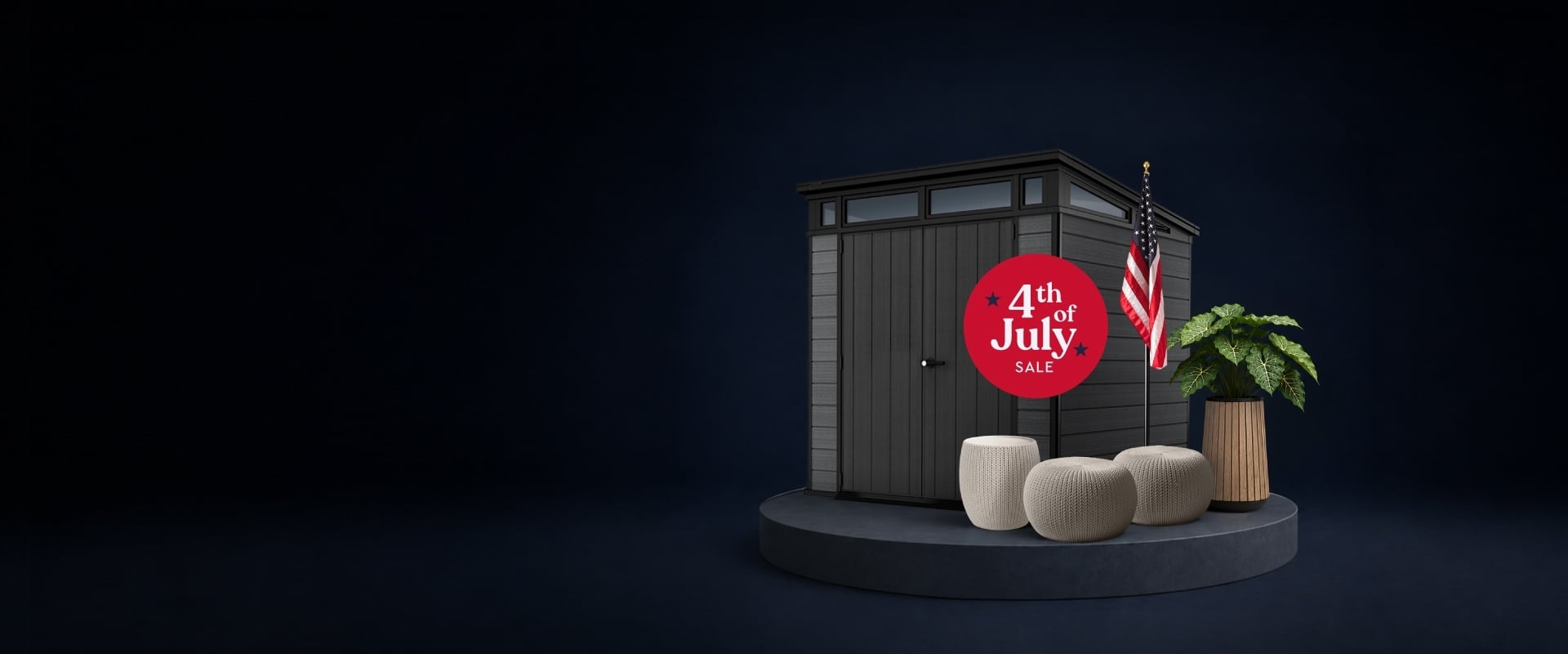 4th of July sale badge on Keter shed, patio set and planter