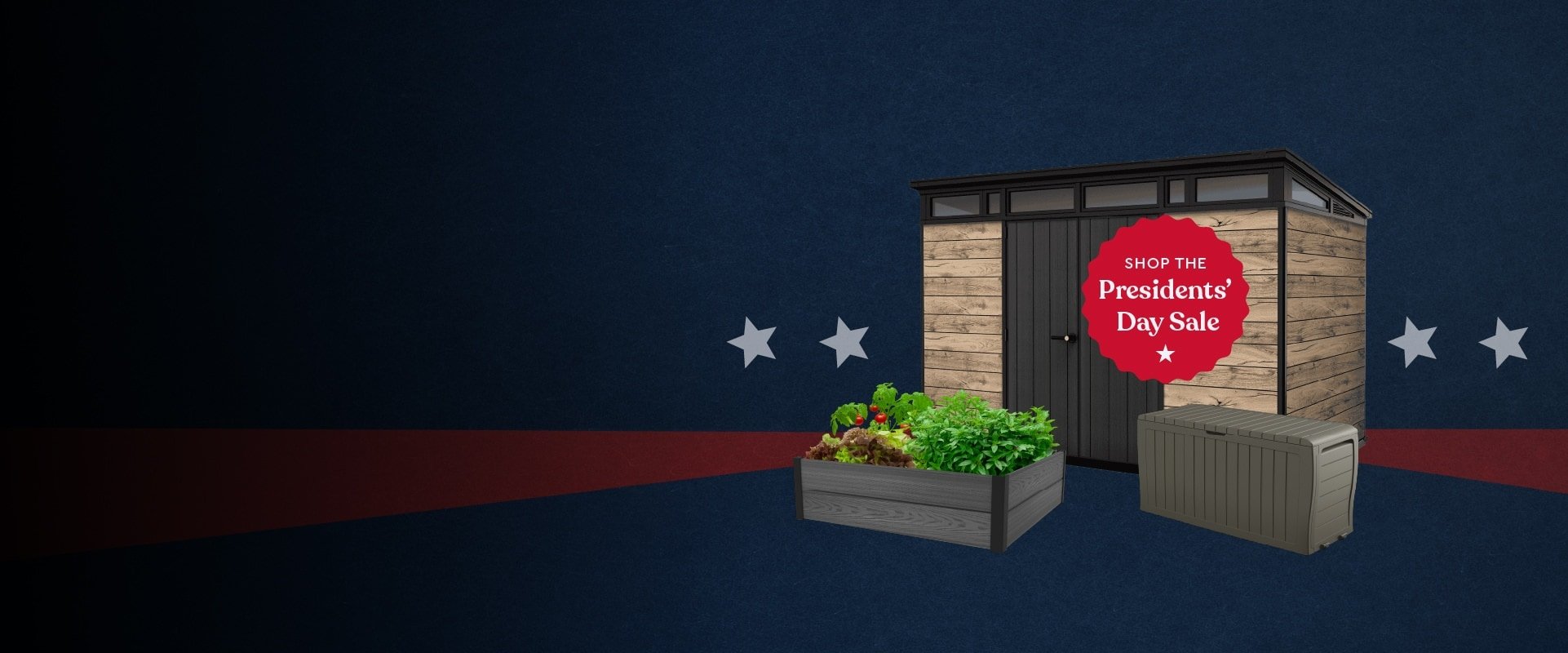 Presidents' Day Sale image with shed, garden bed and deck box