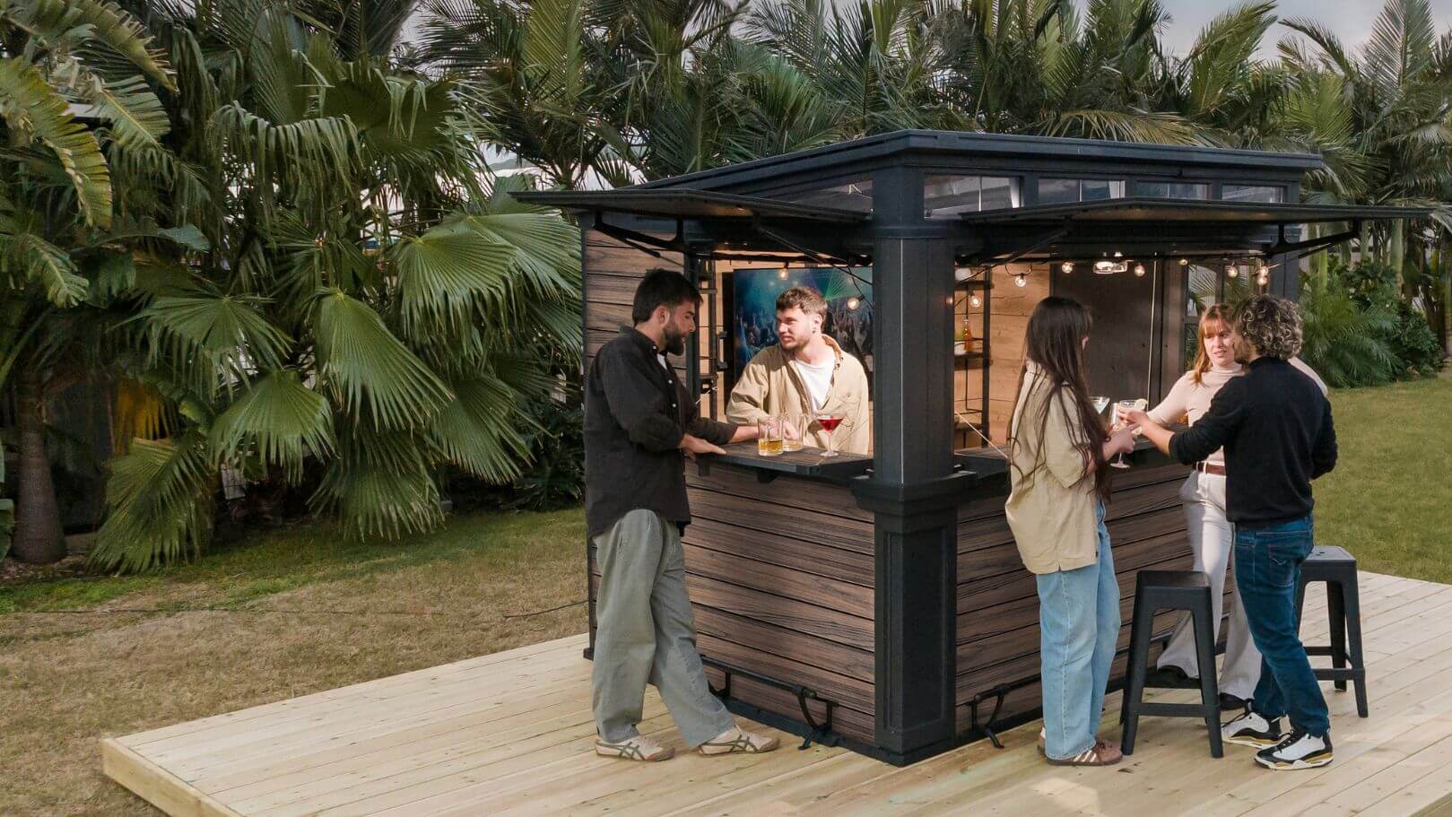 keter outdoor bar shed with 5 people