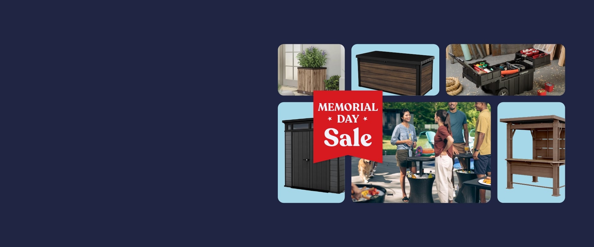 Memorial Day Sale with products from various categories like sheds, stool storage and cool bars