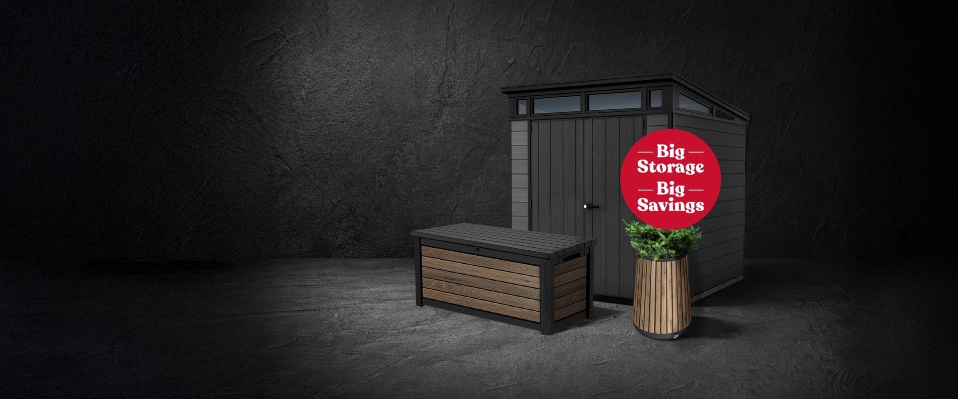 Keter shed, deck box and planter with badge "Big Storage, Big Savings"