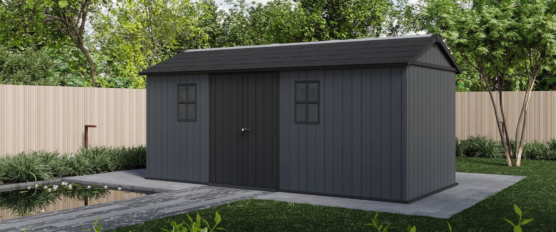 keter gray newton plus large shed in backyard